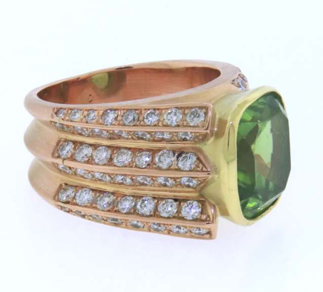 Powerful 18kt Cushion Cut Peridot and Diamond Ring