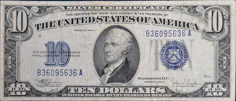 Series 1934-C $10 Silver Certificate, Circulated. FR1704