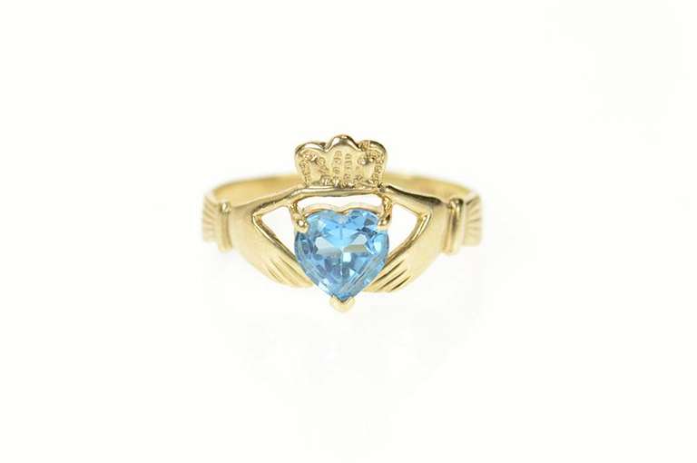 10K Yellow Gold Heart Blue Topaz Claddagh Irish Loyalty Ring