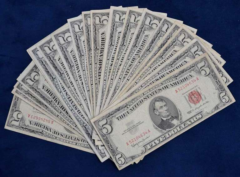 Lot Of 20 Red Seal $5 Bills, Circulated.
