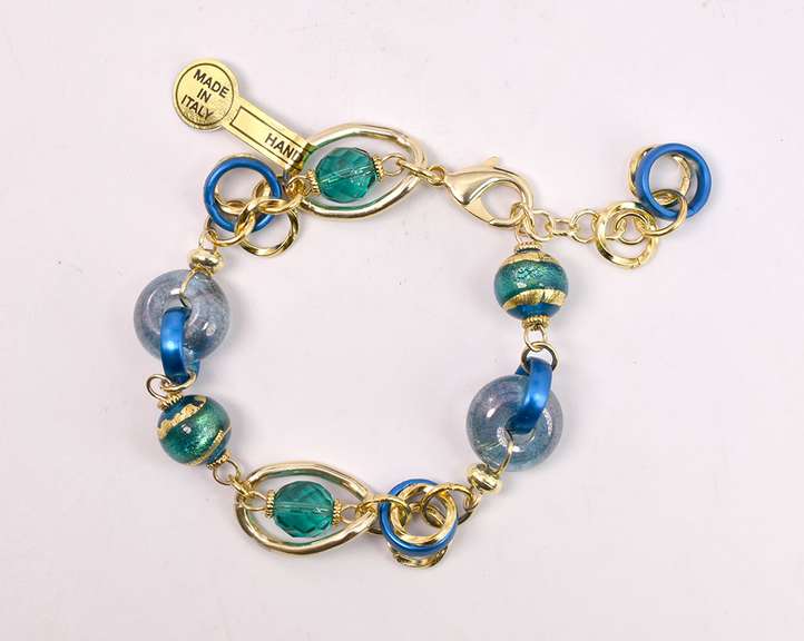 Immaculate Italian Made, Hand Blown Art Glass and Gold Links Bracelet and Earrings