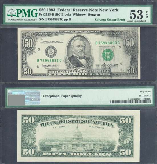 $50 1993 FRN Solvent Smear Error PMG About Uncirculated 53EPQ