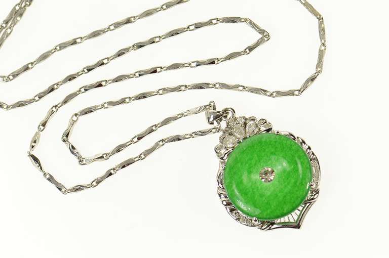 18K White Gold Jadeite Retro Ornate CZ Statement Chain Necklace