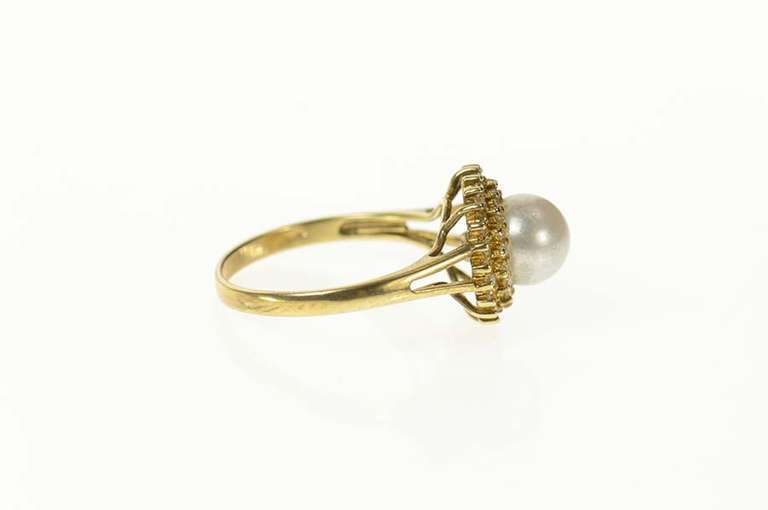 14K Yellow Gold Pearl Diamond Halo Classic Statement Cocktail Ring