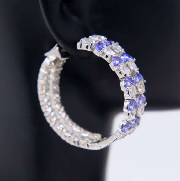 Sterling Silver Blue and White Cubic Zirconia Hoop Earrings