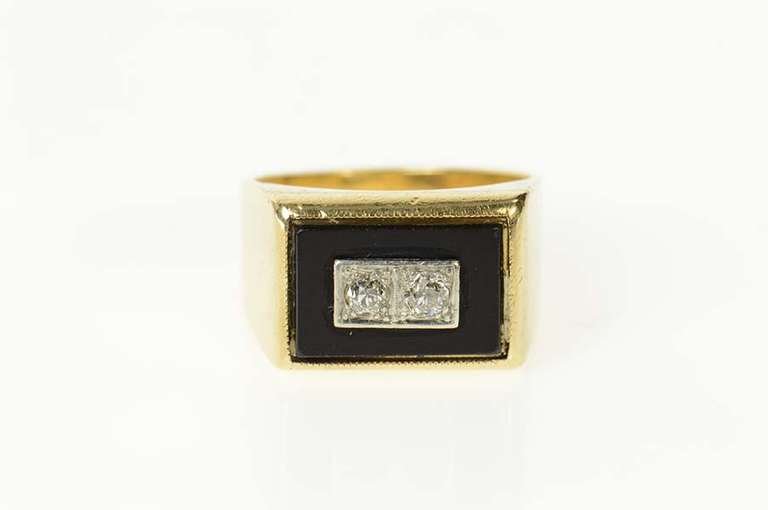 14K Yellow Gold Squared Black Onyx Diamond Men's Ring