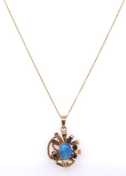 Vintage Yellow Gold Opal and Sapphire Pendant on Chain