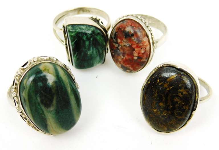 4 Sterling Silver Agate Rings