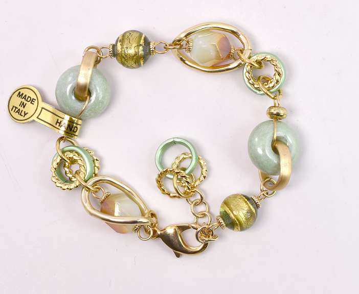 Amazing Italian Made, Hand Blown Art Glass and Gold Links Bracelet and Earrings
