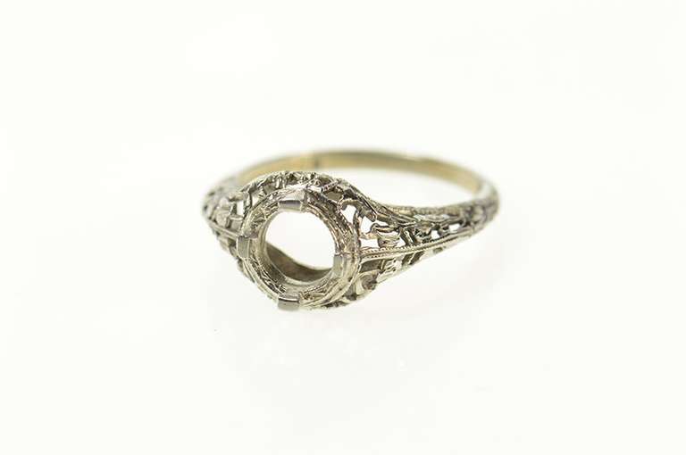 18K White Gold 5.75mm Art Deco Filigree Engagement Setting Ring