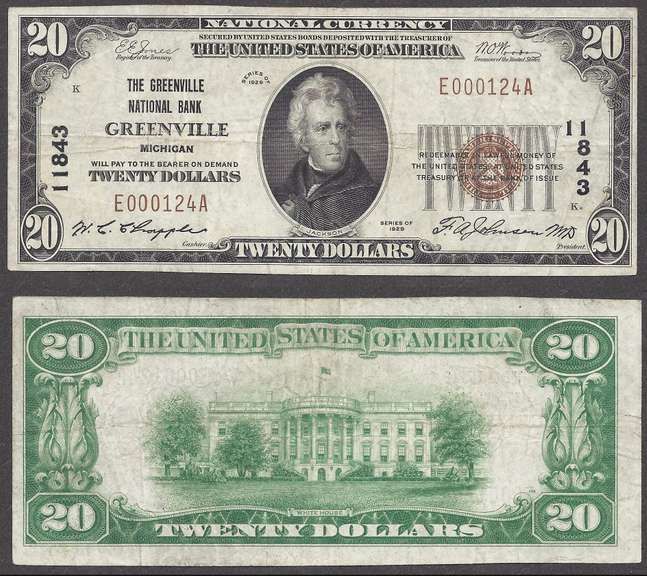 $20 1929 NBN Greenville National Bank Greenville, MI