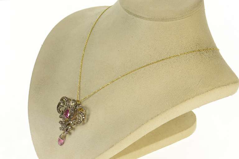 Sterling Silver 2.39 Ctw Victorian Pink Tourmaline Diamond Pendant/Pin