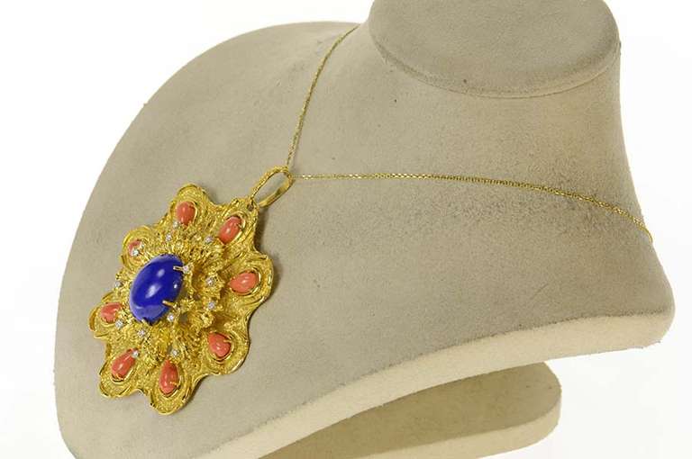18K Yellow Gold Oval Lapis Lazuli Diamond Coral Statement Pendant