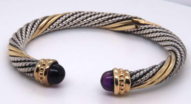 Sterling Silver 2 Tone Cable Amethyst Cuff Bracelet