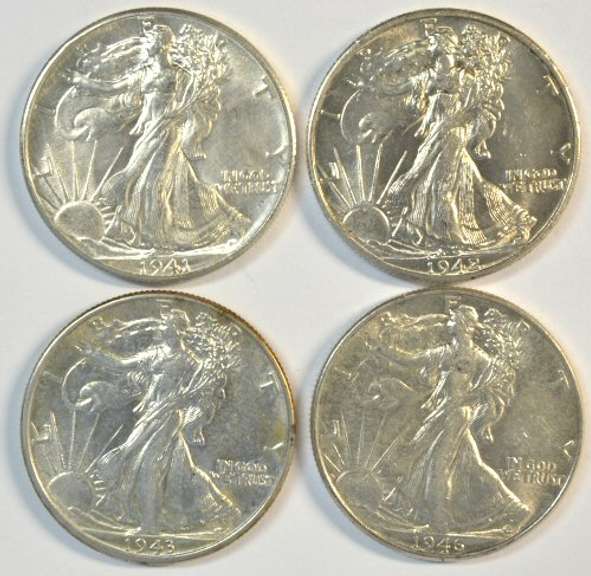 4 Flashy BU Walking Liberty Half Dollars. All different