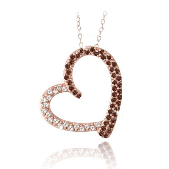 Rose Gold Tone over Sterling Silver 2/5ct Red Diamond & White Topaz Open Floating Heart Necklace