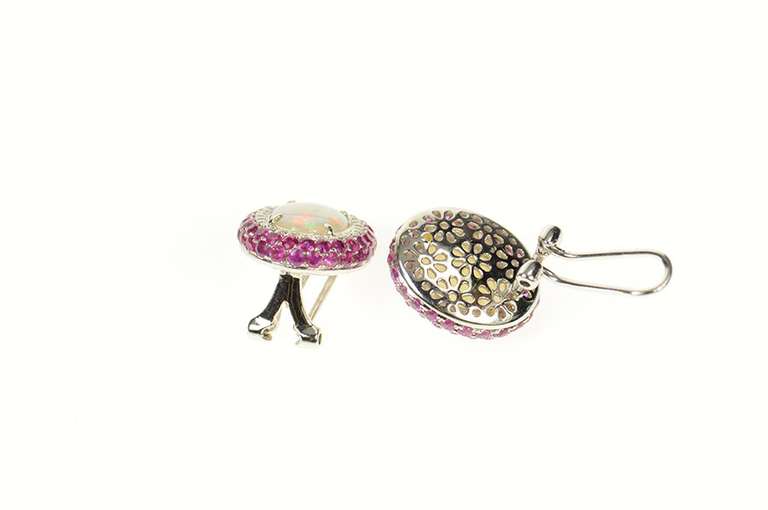 18K White Gold Oval Opal Diamond Ruby Halo Clip Back Earrings