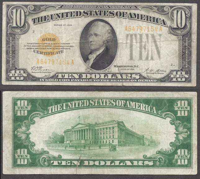 $10 1928 Gold Certificate Fr. 2400 Great Eye appeal Very Fine