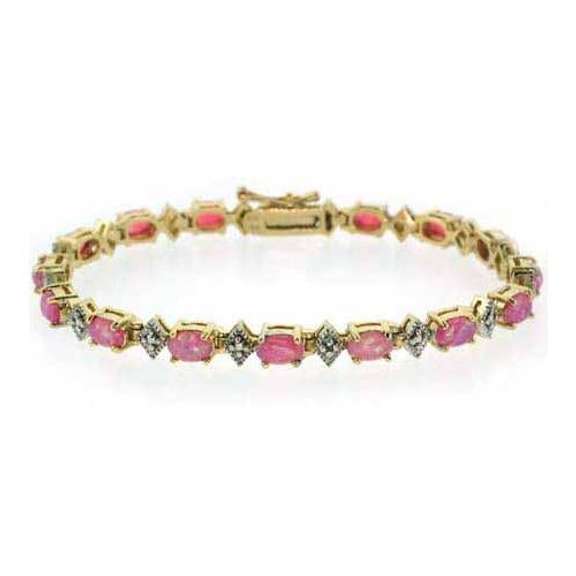 18K Gold over Sterling Silver Created Pink Opal & Diamond Accent Bracelet