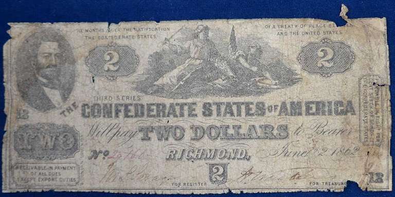 June 2nd 1862 Confederate States Of America $2, Circulated.