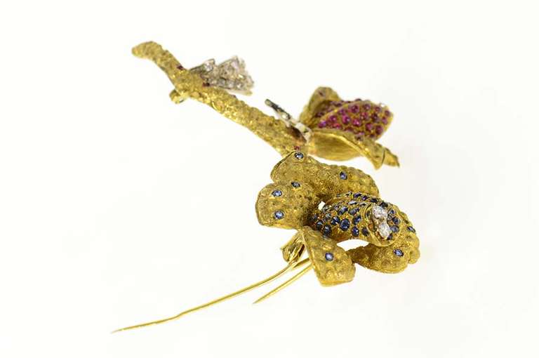 18K Yellow Gold 1960's Pave Sapphire Ruby Diamond Flower Pin/Brooch