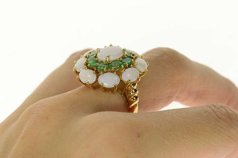 10K Yellow Gold Natural Opal Emerald Halo Retro Cocktail Ring