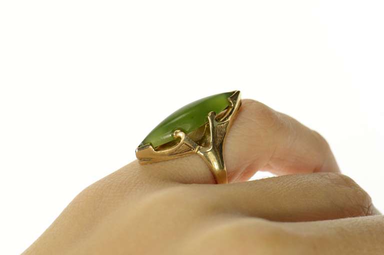 10K Yellow Gold Marquise Navette Retro Nephrite Cocktail Ring