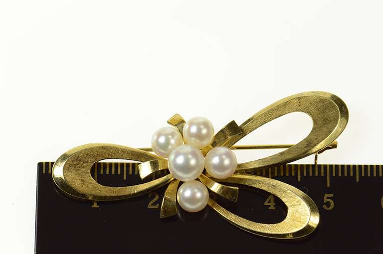 14K Yellow Gold Mikimoto Pearl Cluster Bow Ribbon Knot Pin/Brooch