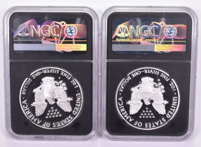 (2) PF70UCAM 1986-S & 2020-W American Silver Eagles Signed - NGC - BOX