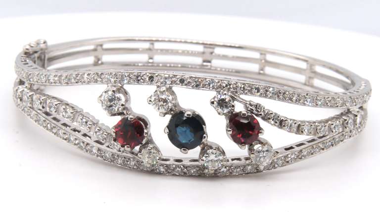 Majestic White Gold Blue Sapphire and Pyrope Garnet Bangle Bracelet