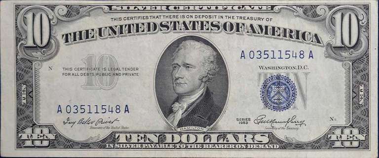 Series 1953 $10 Silver Certificate, Circulated. FR.1706