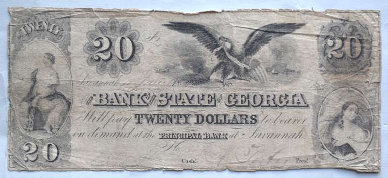 $ 20 State Of Georgia Savannah 1850 Era Note