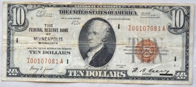 Clean 1929 $10 Minneapolis National Series Note