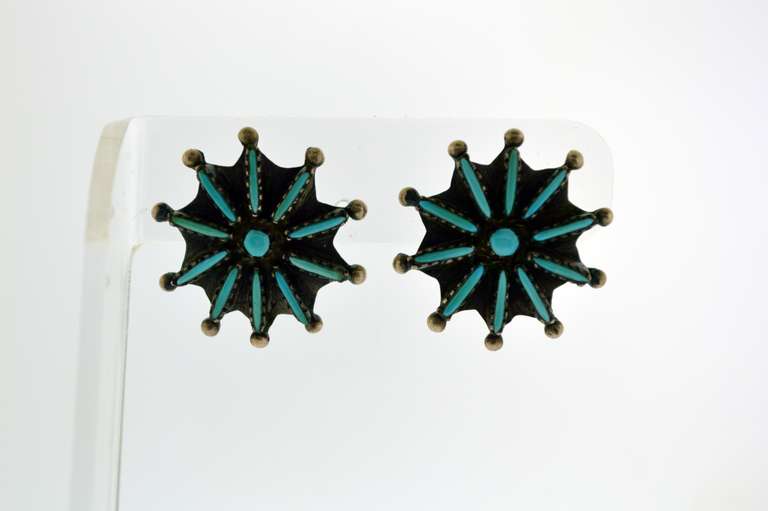 Vintage Sterling Starburst Flower Turquoise Earrings
