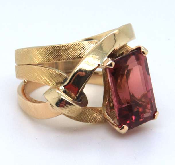 Glowing Yellow Gold Emerald Cut Pink Tourmaline Ring
