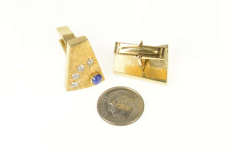 14K Yellow Gold 1960's Diamond Blue Star Sapphire Geometric Cuff Links