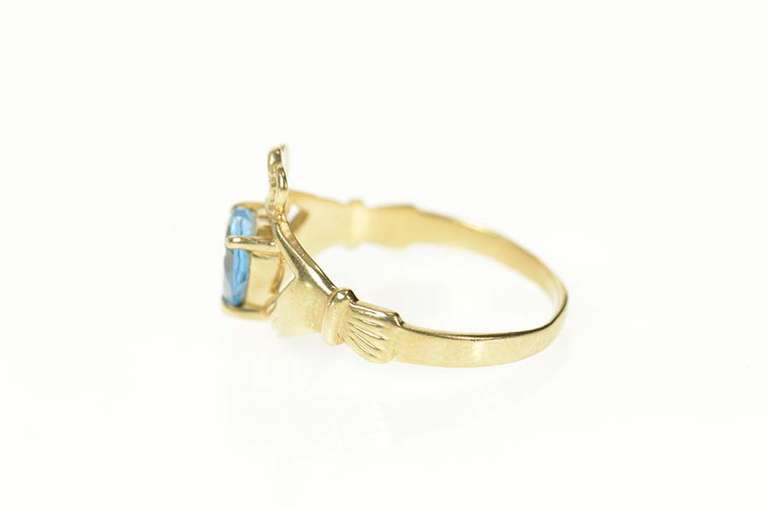 10K Yellow Gold Heart Blue Topaz Claddagh Irish Loyalty Ring