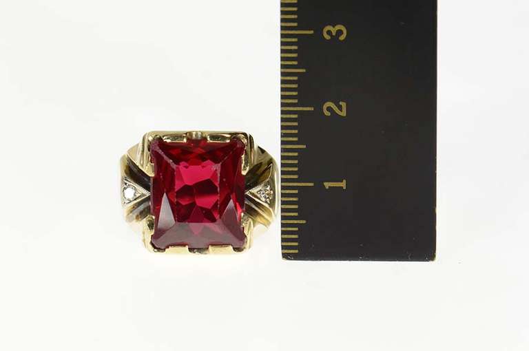 10K Yellow Gold 1930's Syn. Ruby Squared Diamond Accent Ring