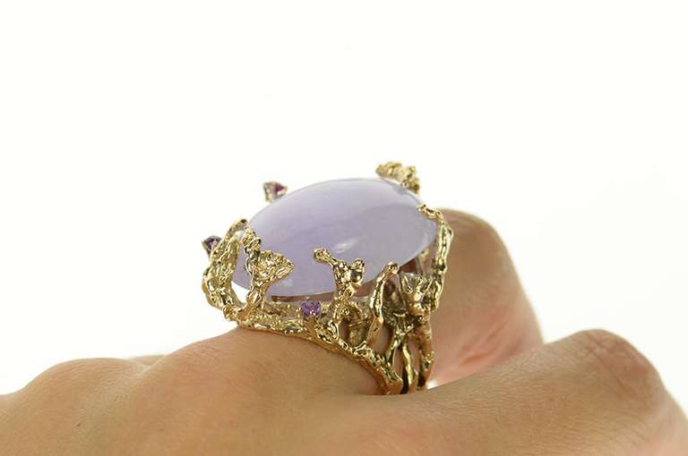 14K Yellow Gold Lavender Jade Diamond Ruby Tree Cocktail Ring