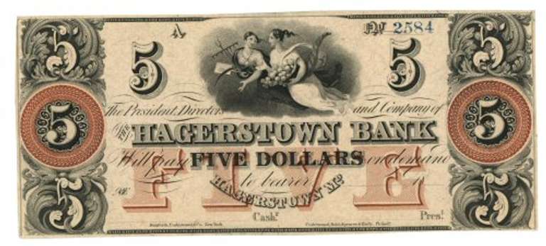 Colorful 1850's $5 Hagerstown, MD Broken Bank note