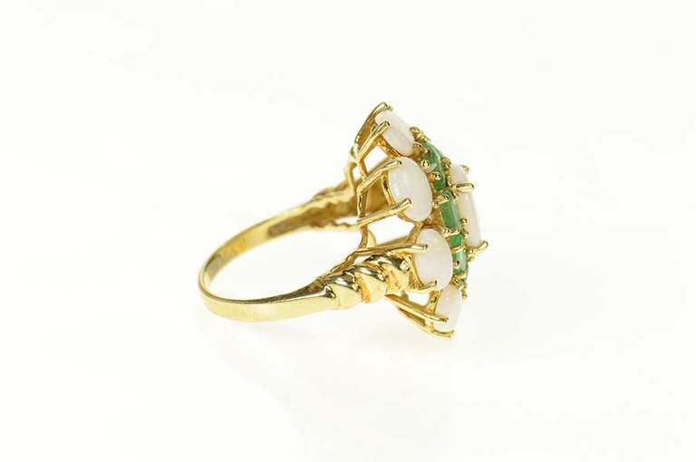 10K Yellow Gold Natural Opal Emerald Halo Retro Cocktail Ring
