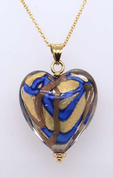 Gorgeous Yellow Gold Glass Heart Shaped Pendant on Chain