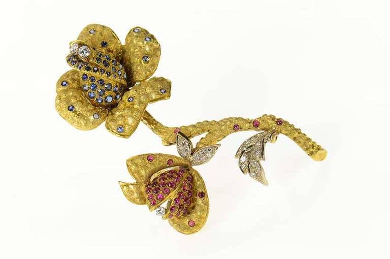 18K Yellow Gold 1960's Pave Sapphire Ruby Diamond Flower Pin/Brooch