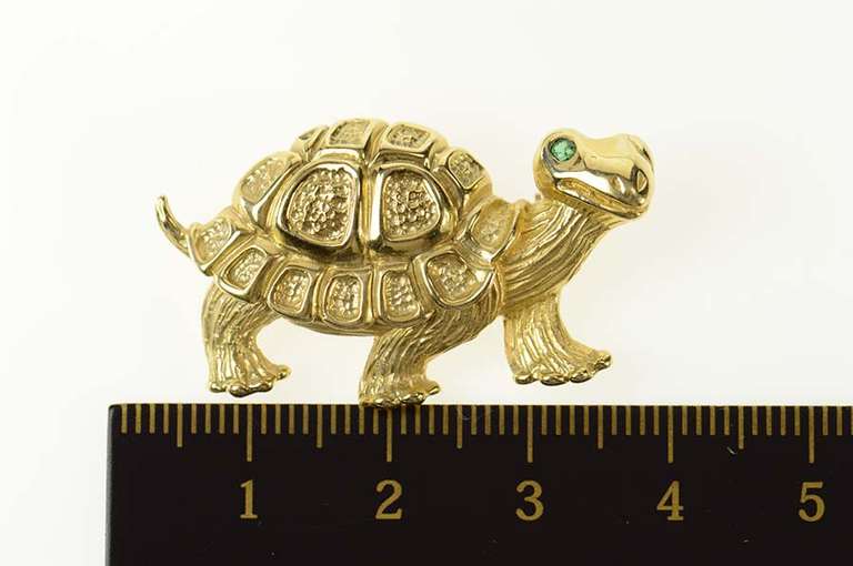 14K Yellow Gold Ornate Stylized Turtle Tortoise Emerald Eye Pin/Brooch