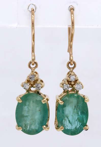Dreamy Yellow Gold Emerald and Diamond Dangle Earrings