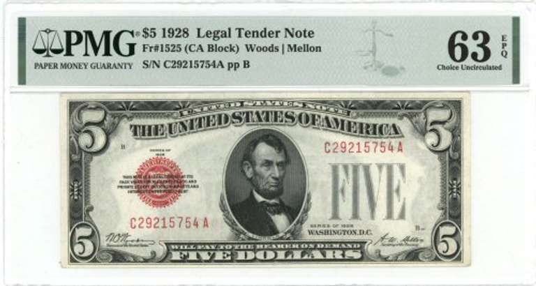 Choice Crisp Uncirculated 1928 $5 Note. PMG-63 EPQ