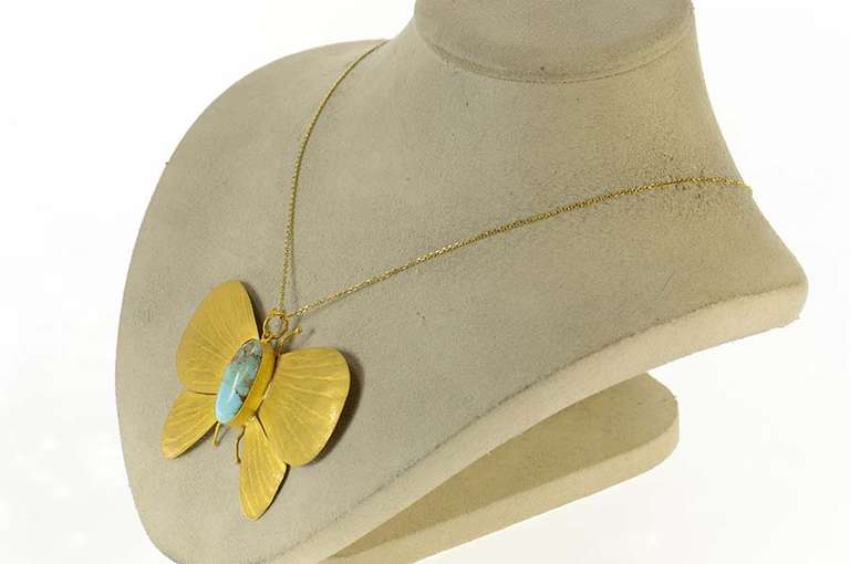18K Yellow Gold Turquoise Satin Finish Butterfly Moth Pin/Brooch