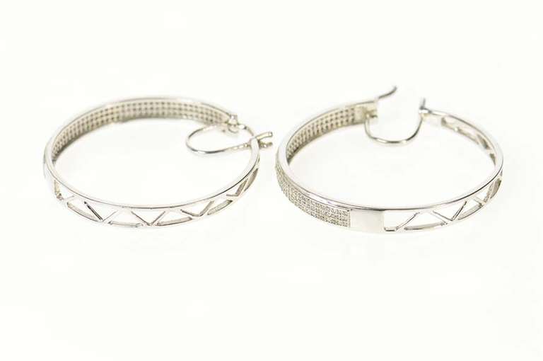 10K White Gold Pave Diamond Encrusted Squared Hoop Earrings