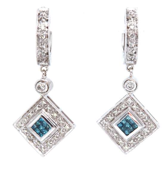 Stunning White Gold Teal Green Diamond Dangle Earrings