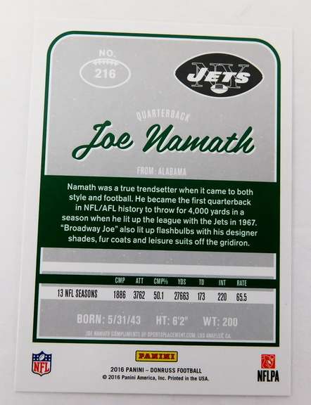 Joe Namath 2016 Panini Football Card